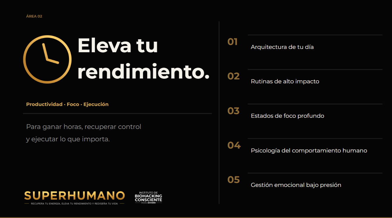 Área 02 de SUPERHUMANO: Eleva tu rendimiento — arquitectura del día, rutinas de alto impacto, foco profundo, psicología del comportamiento y gestión emocional